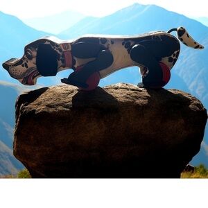 Vintage Fisher Price Dalmation Pull Toy Dog #? Wood Body Wheels